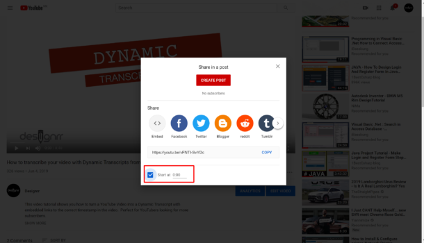 YouTube timestamp in the share button